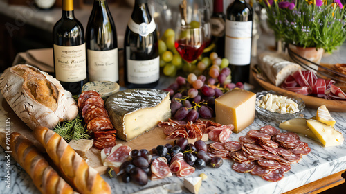 A traditional French charcuterie and cheese buffet with a selection of baguettes, wines, and pastries arranged on a vintage marble counter