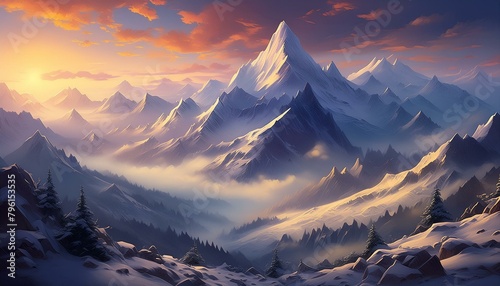 "Alpine Serenade: Picture-Perfect Sunrise in Misty Snow-Capped Peaks" 