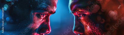 An intense faceoff between two Muay Thai champions under neon lights, capturing the focus and determination in their eyes