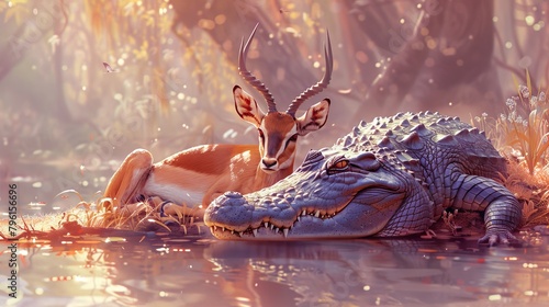 An antelope and a crocodile are lying together in the water symbolizing animal friendship