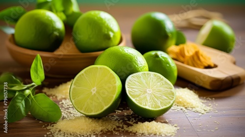 Organic lime zest and whole limes on a cutting board, vibrant green, citrus aroma,