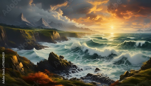 "Coastal Reverie: Sunset's Dramatic Palette Paints Ocean Waves and Rocky Shoreline"