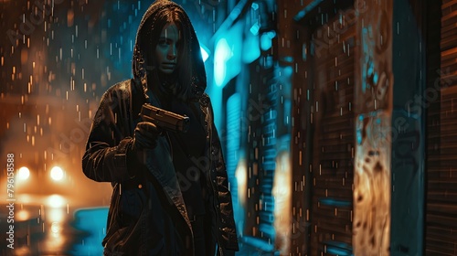 Mysterious woman holding a gun on a rainy night