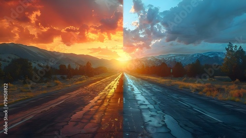 Heat waves rising on empty highway create mirage under hot sun. Concept Desert Landscape, Heatwave Illusion, Empty Highway, Summer Sun, Optical Illusion
