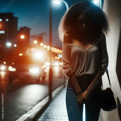 Silhouette of a young woman walking home alone at night , scared of stalker and being assault , insecurity concept.