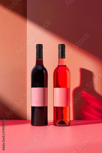Wine bottles mockup with minimalistic label design, winery shop card with copy space, tasting time