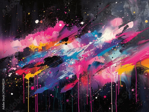 Vibrant neon colors create an energetic and spontaneous expression in abstract paintings with chaotic splashes