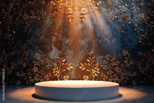An ethereal white podium commands attention, its graceful silhouette bathed in a warm, inviting glow that accentuates the luxurious black backdrop adorned with delicate golden flourishes