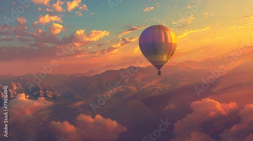 A hot air balloon ascending into the early morning sky, its colorful envelope glowing in the dawn light as it carries passengers on a tranquil journey above the earth.