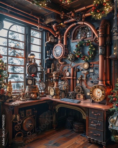 Whimsical inventors studio adorned with copper pipes and Victorianstyle decorations, where automatons assemble festive gadgets , Pop art style