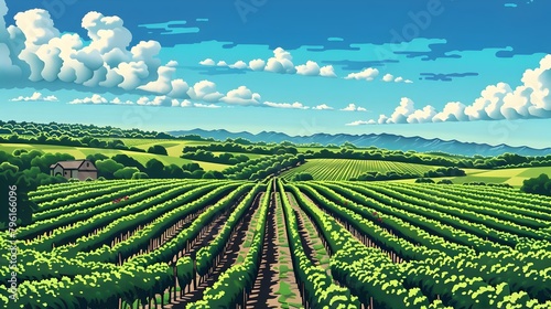 Panoramic View of a Picturesque Vineyard with Orderly Rows of Grapevines Stretching into the Distance