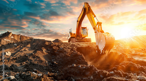 A large yellow excavator is in the dirt, with the sun setting in the background. Concept of hard work and determination, as the machine digs through the earth to complete its task