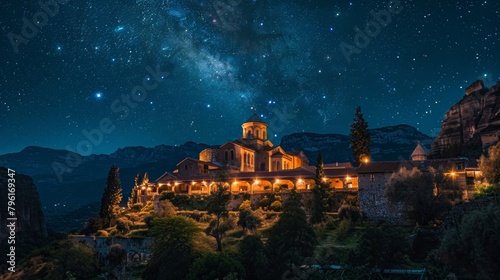 A starry sky above the ancient monastery creates a fairytalelike setting for a peaceful and unforgettable nights sleep at the sanctuary. 2d flat cartoon.