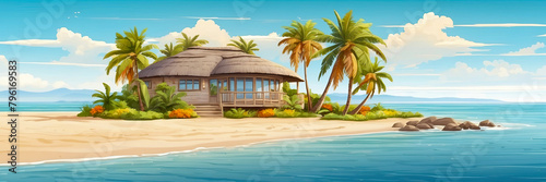 Modern tropical bungalow Illustration with a thatched roof on the beach with palm trees by the sea. Rent accommodation on a trip, a secluded vacation in a separate bungalow