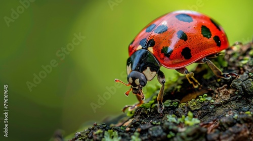 A macro shot of a vibrant ladybug crawling on a tree branch, showcasing the intricate details of nature