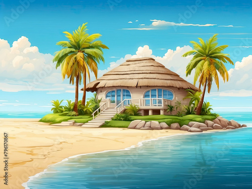 Modern tropical bungalow Illustration with a thatched roof on the beach with palm trees by the sea. Rent accommodation on a trip, a secluded vacation in a separate bungalow