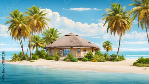 Modern tropical bungalow Illustration with a thatched roof on the beach with palm trees by the sea. Rent accommodation on a trip, a secluded vacation in a separate bungalow