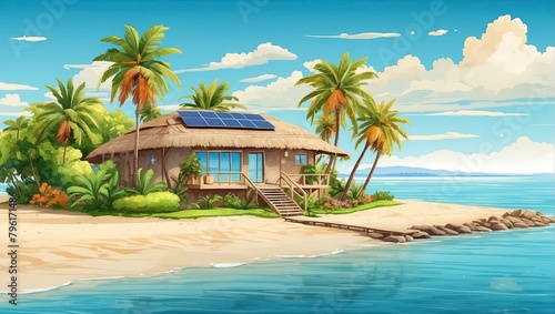 Illustration Modern tropical bungalow with thatched roof and solar panels for economical and environmentally friendly use of electricity on beach with palm trees by sea. Rent accommodation on trip