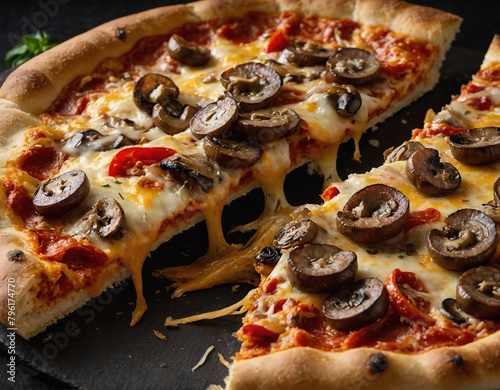 A slice of cheesy supreme pizza loaded with pepperoni, sausage, peppers, onions, and mushrooms. 