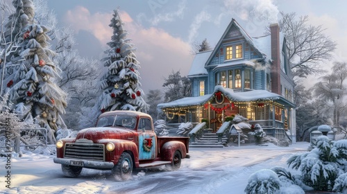 A vintage red truck with blue accents is parked in front of an old, elegant house covered in snow on Christmas morning.