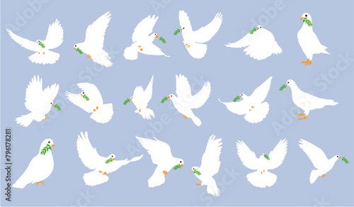 set of flying dove silhouettes or Pigeons with olive branch set love and peace symbols on a black background