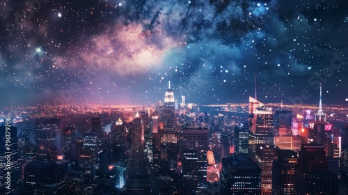 A panoramic view of a city skyline aglow with lights, with skyscrapers reaching towards the stars and creating a breathtaking tableau of urban beauty and splendor.