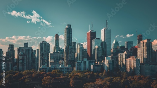 A panoramic view of a city skyline with iconic skyscrapers standing tall against the horizon