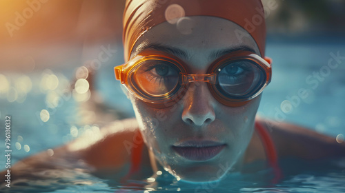 The portrait of a female confident professional water athlete. swimming in the pool, where the spirited eyes of a young girl shine brightly behind her orange swimming goggles