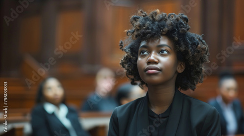 A African American woman with curly hair in court. A female lawyer zealously advocates for defendants' rights in court before a judge and jury. Concept Lawyer, Advocacy, Defender, Justice, Courtroom