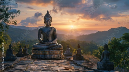 Buddha statue at sunrise, with mountains in the background.
