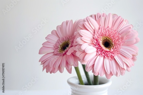 Two pink gerbera flowers in white vase isolated on white background