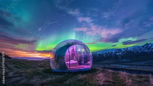 Counting shooting stars while dozing off in a clear bubble and being mesmerized by the stunning green and purple hues of the Aurora Borealis. 2d flat cartoon.