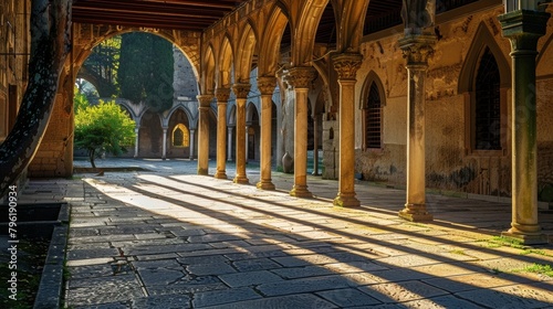 The sun casts long shadows on the peaceful courtyard showcasing the intricate details and quiet beauty of the monasterys architecture. 2d flat cartoon.