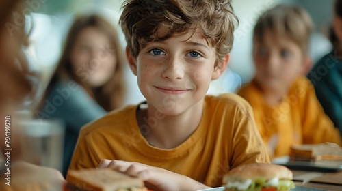 Group of classmates having lunch during break with focus on smiling boy with sandwich