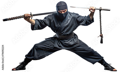 ninja warrior armed and masked with swords in fighting stance