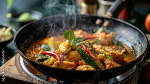 A sizzling wok filled with aromatic Thai yellow curry stir-fry, featuring tender chicken and vibrant vegetables