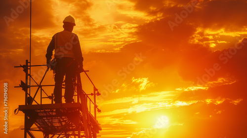 silhouette of a construction worker with sunset