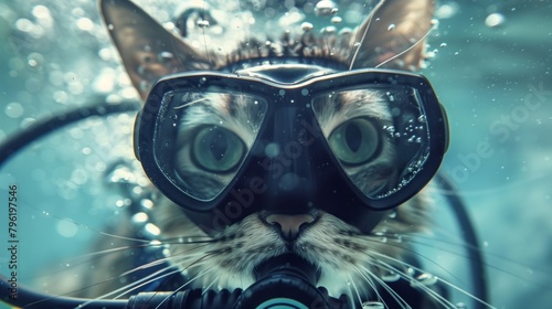 A whimsical image of a cat wearing a diving mask and snorkel underwater, surrounded by bubbles.