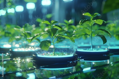 Biotechnology research on genetically modified plants grown in labs for biochemistry. Concept Biotechnology Research, Genetically Modified Plants, Lab Cultivation, Biochemistry Analysis