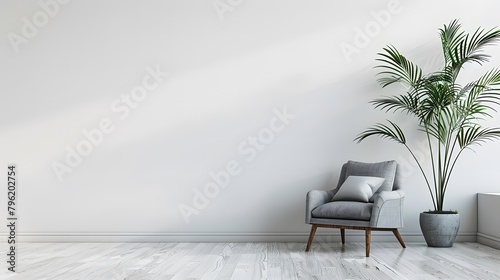 白い壁の前に置かれたグレーの椅子