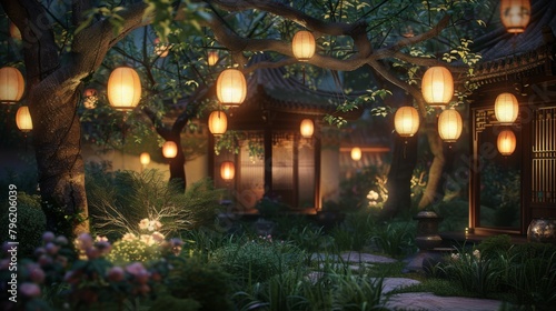 A tranquil garden illuminated by softly glowing lanterns hanging from tree branches, creating a peaceful and serene setting for relaxation and contemplation.