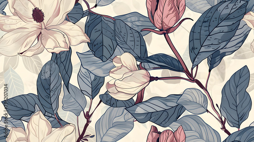 A sophisticated seamless pattern featuring botanical illustrations in muted tones of blues and pinks. Ideal for luxurious wallpaper or refined textile designs.
