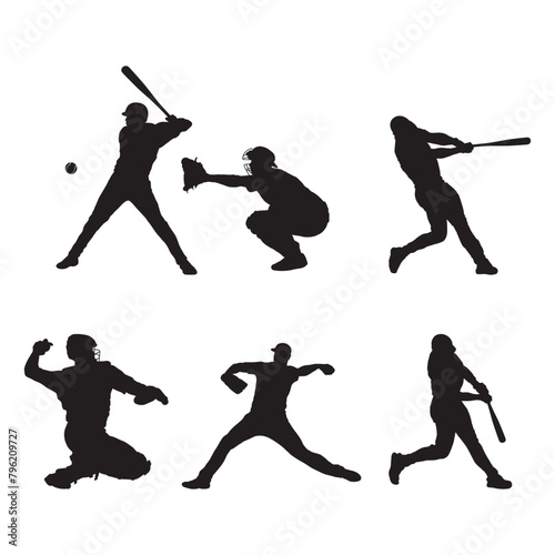 Baseball catcher, batter and umpire in ready position to playing. Baseball Home Plate umpire, catcher, batter at work on baseball field detailed realistic silhouette