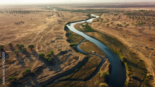 Aerial view of a shrinking river snaking through a parched landscape, symbolizing dwindling water resources in drought