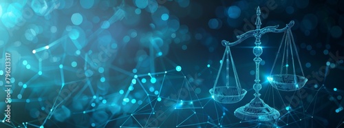 Scales of justice on digital background with blue hologram