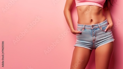 Young woman in denim shorts and pink crop top against a pink background, waist to thighs close-up.