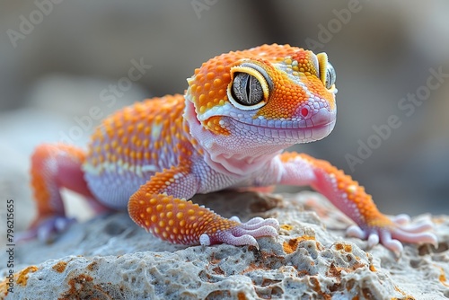 Leopard Gecko: Resting on a textured surface, displaying its spotted skin and distinctive eyes. 