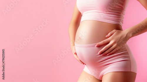 Close-up of a pregnant woman's belly against a pink background, highlighting maternity and wellness.