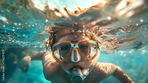Underwater close-up of a young swimmer with goggles and snorkel in sunlit water.