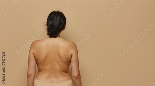 Rear view of a woman with her hair tied up, showing her bare back against a beige background.